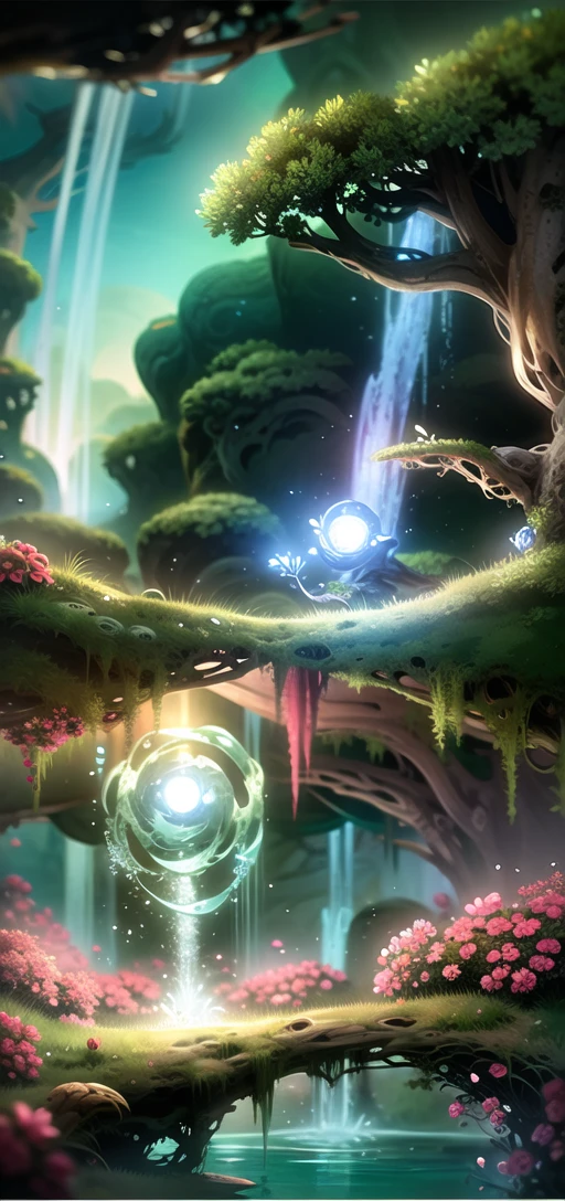 digital painting, smooth, high quality, highly detailed sketch, magic, flower bridge, (glowing orb:1.1) in the middle, (green forest:1.2), waterfall, (spirit tree:1.1),