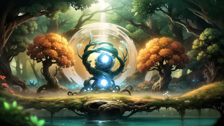 digital painting, smooth, high quality, highly detailed sketch, magic, flower bridge, (glowing orb:1.1) in the middle, (green forest:1.2), waterfall, (spirit tree:1.1), (fisheye:1.3),