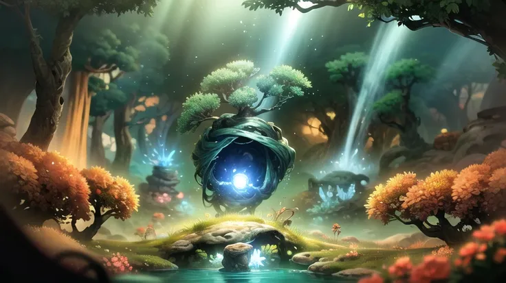 digital painting, smooth, high quality, highly detailed sketch, magic, flower bridge, (glowing orb:1.1) in the middle, (green forest:1.2), waterfall, (spirit tree:1.1), (fisheye:1.3),