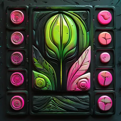 <lora:artfullyTILED_SDXL_V2:0.7>, featuring a black background,a oracle gracefully moving with a vibrant paint trail in neon green and neon pink,3d,relief carving,incorporating pastel tones and subtle hints of ink,charcoal,and watercolor for an artistic and refined touch arranged in a grid of icons,<lora:ral-opal:0.3>,<lora:ARTFULLYORACLESDXL-V1:0.4>,<lora:artfullyinsect_-_v1-000007:0.5>,<lora:artfullymaleform_sdxl_v1:0.3>,