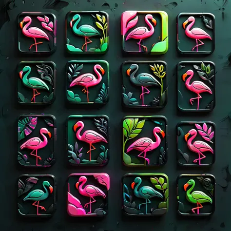<lora:artfullyTILED_SDXL_V2:0.7>,collection of icons of a minimalistic logo for ArtfullyPrompt featuring a black background,a flamingo gracefully moving with a vibrant paint trail in neon green and neon pink, 3d,relief carving, incorporating pastel tones and subtle hints of ink,charcoal,and watercolor for an artistic and refined touch arranged in a grid of icons,<lora:ral-opal:0.3>,<lora:artfullytinyfae_sdxl_v1:0.4>,<lora:ARTFULLYORACLESDXL-V1:0.4>,<lora:artfullyinsect_-_v1-000007:0.5>,<lora:artfullymaleform_sdxl_v1:0.3>,