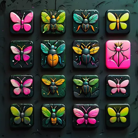 <lora:artfullyTILED_SDXL_V2:0.7>,collection of icons of a minimalistic logo for ArtfullyPrompt featuring a black background,a lightning bug gracefully flying with a vibrant paint trail in neon green and neon pink,3d,relief carving,incorporating pastel tones and subtle hints of ink,charcoal,and watercolor for an artistic and refined touch arranged in a grid of icons,<lora:ral-opal:0.3>,<lora:artfullytinyfae_sdxl_v1:0.4>,<lora:ARTFULLYORACLESDXL-V1:0.4>,<lora:artfullyinsect_-_v1-000007:0.5>,<lora:artfullymaleform_sdxl_v1:0.3>,
