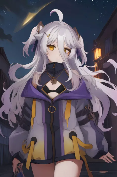 (masterpiece, best quality:1.2), solo, 1girl,
night sky, starry sky, <lora:henya-v3-0-a2:1> , henya the genius, vshojo, yellow eyes, long hair, hair between eyes, ahoge, purple hair, grey hair, gradient hair, two side up, hair ornament, necklace, purple dress, purple jacket, zipper, off shoulder, black bra,