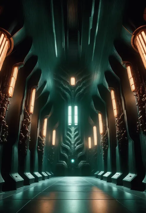quantum particle accelerator lab, terracotta,onyx stone,metal roofing sheets, bio-luminescent algae, moving head lights,DonM3v1lM4dn355XL <lora:DonM3v1lM4dn355XL-000010:1.2>