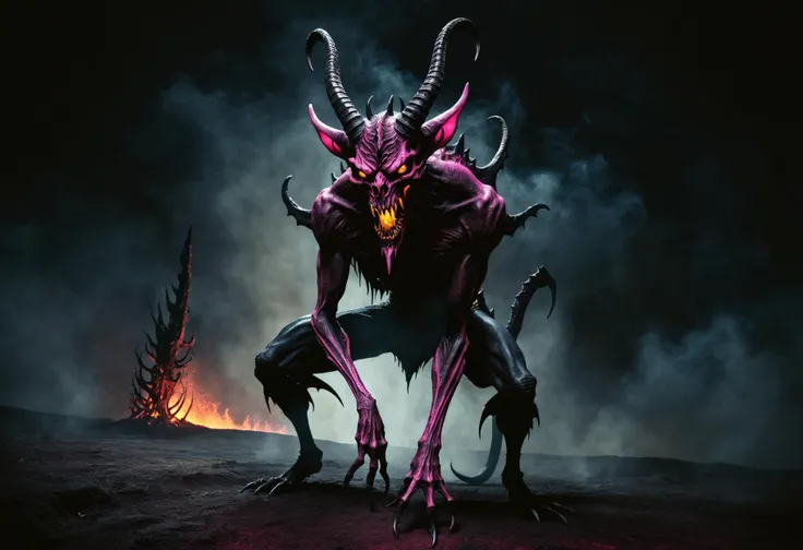 imp, mythical slender gaunt demonic cunning malevolent demon,visible spine, no belly, horns,pointed tail, dark earth toned yellowish skin, temptation, corruption, sinister, eerie, dazzling , pink sulfurous fire,DonM3v1lM4dn355XL <lora:myLora\DonM3v1lM4dn355XL-v1.1-000012>