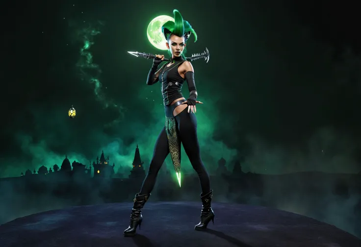 female atmospheric engineer, ageless, robust, south asian, dark green eyes, unique ears, button nose, round chin with cleft, underbite jaw, defined cheeks, uneven forehead, oblong face shape, elegant neckline, festive holiday makeup , orchid mohawk hair, anticipation, holding a weapon or energy blade for combat challenges., wearing solar-powered thread green bionic leggings, quantum-linked tank top, levitating bowler cap, , engaging in unique and exotic cultural practices., stellar interceptor bridge, prefabricated materials, lanterns with real flames, solar garden lights, hamlet estate in savanna biome,DonM3v1lM4dn355XL <lora:myLora\DonM3v1lM4dn355XL-v1.1-000012>
