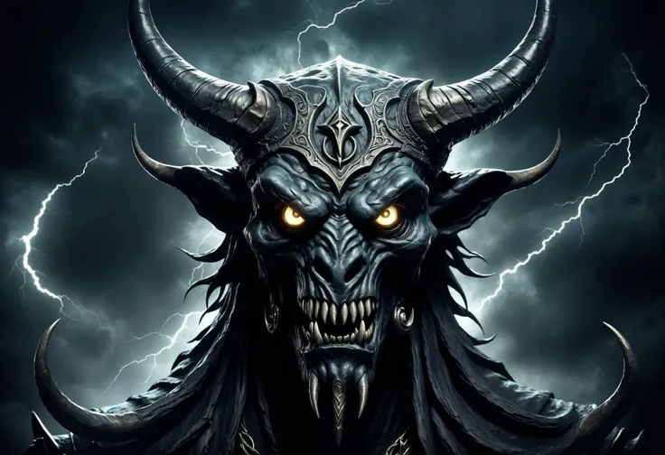 baal, supernatural demon,anthropomorphic and zoomorphic features, ancient semitic canaanite, storms, bull's head, horns, merry,DonM3v1lM4dn355XL, dark stygical, <lora:myLora\DonM3v1lM4dn355XL-v1.1-000012>,