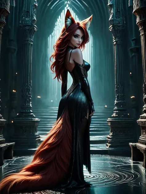 <lora:Sexy_Girls_With_Foxtail_SDXL-000001:1> 1gir, beautiful, red haired, bushy fox tail, standing in an temple made of donm3v1lm4dn355xl, dark, evil, stygical, mid shot, glowing, magical, enchanted, intricate details, ultra sharp <lora:DonM3v1lM4dn355XL:0.8> donm3v1lm4dn355xl, dark, evil, stygical