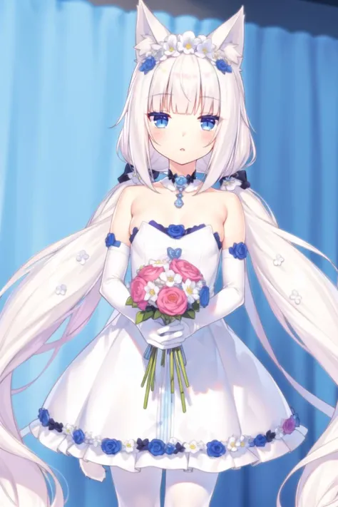 <lora:GoodHands-beta2:1> nice hands, perfect hands,
vanilla, animal ears, 1girl, dress, gloves, flower, long hair, blue eyes, tail, cat ears, elbow gloves, low twintails, twintails, bouquet, cat tail, white gloves, strapless dress, strapless, white dress, bare shoulders, white hair, detached collar, wedding dress, pantyhose, cat girl, very long hair, solo focus