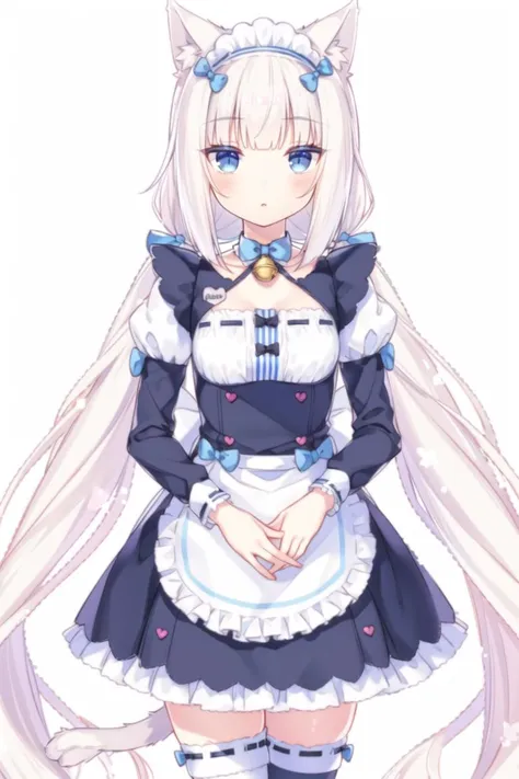 <lora:GoodHands-beta2:1> nice hands, perfect hands,
vanilla, animal ear legwear, 1girl, solo, cat ear legwear, very long hair, long hair, blue eyes, dress, twintails, thighhighs, long sleeves, bell, apron, puffy sleeves, animal ears, cat ears, juliet sleeves, looking at viewer, jingle bell, bow, tail, bangs, frills, blue dress, waist apron, cat tail, low twintails, maid headdress, white hair, blunt bangs, blush, small breasts, neck bell, choker, cat girl, frilled apron, white background, simple background, ribbon trim, bowtie, maid, blue bow, breasts,