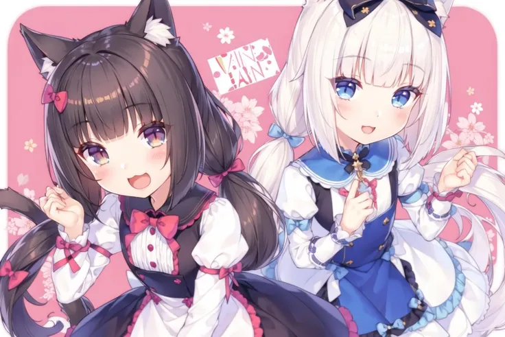 <lora:GoodHands-beta2:1> nice hands, perfect hands,
girls, vanilla, xiangcao, multiple girls, animal ears, 2girls, aged down, ribbon, cat ears, open mouth, smile, tail, blue eyes, twintails, :3, looking at viewer, bow, blunt bangs, cat tail, dress, :d, white hair, low twintails, slit pupils, blush, hair bow, long sleeves, hair ribbon, artist name, long hair, brown hair, bangs, from above, floral background, short twintails, puffy sleeves, alternate hairstyle, brown eyes