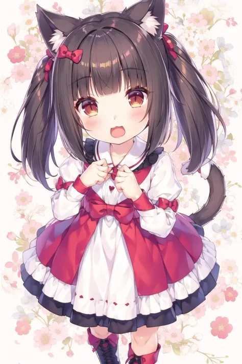 <lora:GoodHands-beta2:1> nice hands, perfect hands
solo, qiaokeli, choko, 1girl, animal ears, cat ears, tail, open mouth, ribbon, cat tail, smile, :d, :3, bow, twintails, hair ribbon, looking at viewer, blush, dress, long sleeves, slit pupils, from above, floral background, bangs, boots, aged down, blunt bangs, white footwear, brown hair, brown eyes, bowtie, hair bow