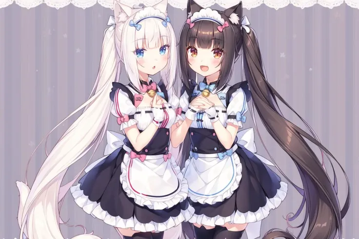 <lora:GoodHands-beta2:1> nice hands, perfect hands,
girls, vanilla, xiangcao, cat ear legwear, animal ear legwear, animal ears, cat ears, multiple girls, 2girls, long hair, thighhighs, blue eyes, twintails, tail, maid, maid headdress, smile, cat tail, very long hair, slit pupils, apron, blunt bangs, name tag, clothing cutout, open mouth, bell, brown eyes, artist name, white hair, cleavage cutout, waist apron, blush, own hands together, puffy sleeves, bangs, striped, brown hair, looking at viewer, wrist cuffs, bow, black hair, puffy short sleeves, striped background, jingle bell, :d, ribbon-trimmed clothes,