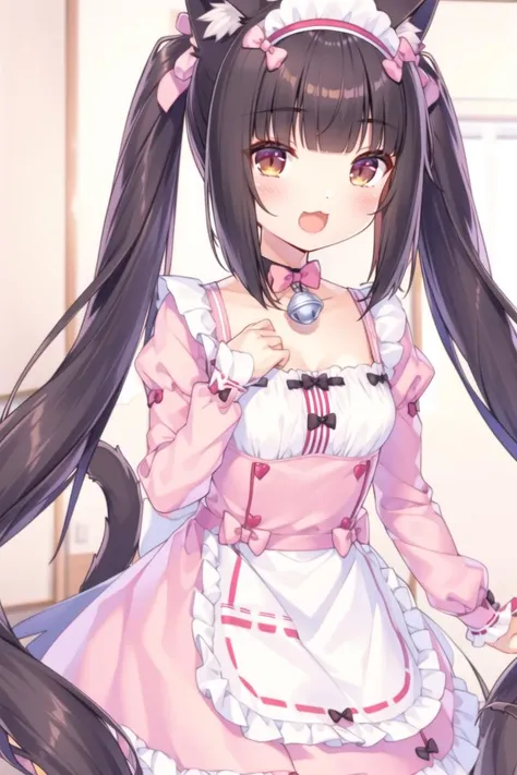 <lora:GoodHands-beta2:1> nice hands, perfect hands
solo, qiaokeli, choko, animal ears, long hair, :3, bell, cat ears, bangs, apron, very long hair, open mouth, name tag, :d, smile, frills, long sleeves, bow, frilled apron, tail, breasts, blunt bangs, neck bell, cat tail, twintails, pink bow, brown hair, brown eyes, jingle bell, waist apron, dress, looking at viewer, cat girl, maid headdress, blush, pink dress, ribbon trim, collar, 1girl, cleavage, slit pupils, solo focus, ribbon-trimmed clothes, hair bow, frilled dress