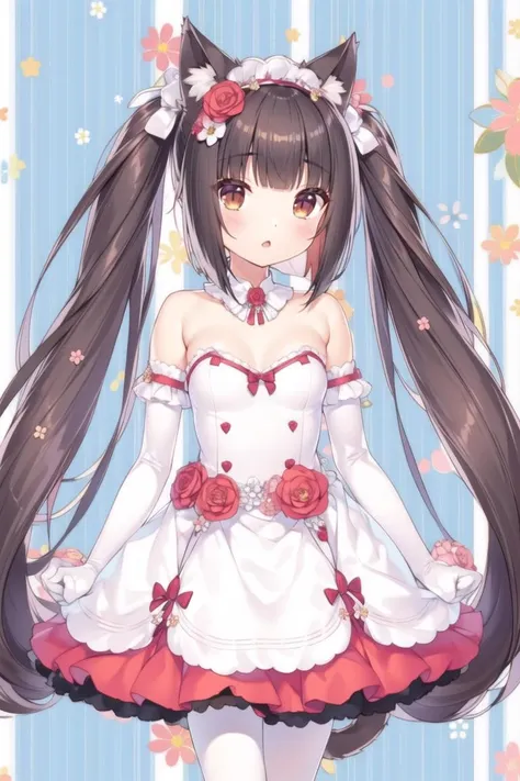 <lora:GoodHands-beta2:1> nice hands, perfect hands
solo, qiaokeli, choko, 1girl, animal ears, flower, breasts, dress, gloves, long hair, bouquet, cat ears, brown hair, tail, elbow gloves, wedding dress, white gloves, cat tail, hair ornament, cat girl, small breasts, animal ear fluff, twintails, pantyhose, hair flower, white dress, white pantyhose, hand on own chest, bare shoulders, very long hair, strapless dress, striped background, brown eyes, bangs, strapless, blunt bangs, detached collar