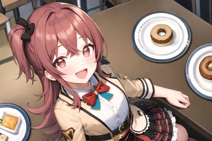 komiya kaho, 1girl, solo, skirt, bow, jacket, belt, bowtie, red hair, bangs, layered skirt, frilled skirt, red eyes, dessert, sweets, (donut:1.1), a donut with a bite taken out of it, buffet, plate, from above, :d; sparkling eyes, happy, restaurant, luxurious wooden table <lyco:komiya kaho_Loha:0.7>, <lora:FoodAssets-15:0.85>