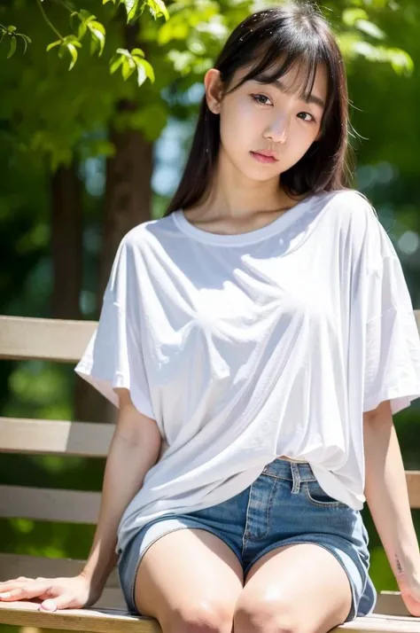 pyoapple, ((solo, 1girl)), RAW, masterpiece, a stunning (extreme close up shot:1.2) portrait of a beautiful (korean) (k-pop idol) ((pale white skin)) young teenage woman (sitting on a bench in a park:1.3), looking at viewer. Slim body, narrow waist, (small breasts:1.2). (Happy smile:1.0), Beautiful Face, Kpop-makeup, eyelashes, blush, eyeliner, smokey eyes, sharp eyes, aegyo sal, alluring expression.(Wearing oversized t-shirt:1.5), Long straight hair, thin bangs, natural lighting, volumetric fog, realistic skin, realistic face skin, perfect face skin, 8K UHD, absurdres, highly detailed, realistic, hyperrealism, <lora:pyoapple_chillout_v1:0.95>