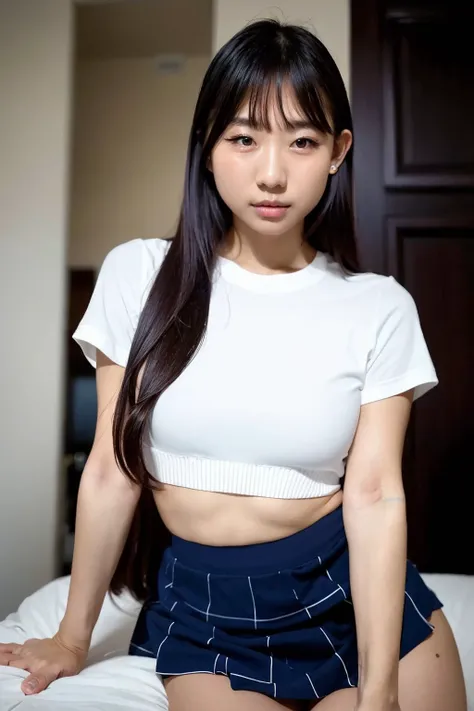 pyoapple, ((solo, 1girl)), RAW, masterpiece, a stunning (close up shot) portrait of a beautiful (korean) (k-pop idol) young teenage woman posing in a bedroom, looking at viewer. Slim body, narrow waist, (small breasts:1.2). (cute smile:0.8), Beautiful Face, light makeup, sharp eyes, aegyo sal, alluring expression. In a flawless makeup, wearing (skin-tight schoolgirl uniform:1.1), Long hair, thin bangs, cinematic lighting, volumetric fog, realistic skin, realistic face skin, perfect face skin, 8K UHD, absurdres, highly detailed, realistic, hyperrealism, <lora:pyoapple_chillout_v1:0.95>