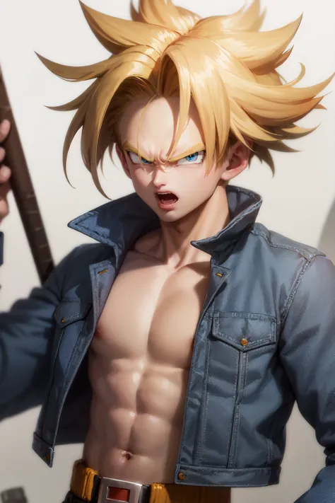 (masterpiece, best quality:1.2), <lora:dbz_trunks-10:1>, upper body, solo, male focus, 1boy, trunks \(dragon ball\), super saiyan, angry, screaming, looking at viewer, blonde hair, spiked hair, blue eyes, jacket, shirt