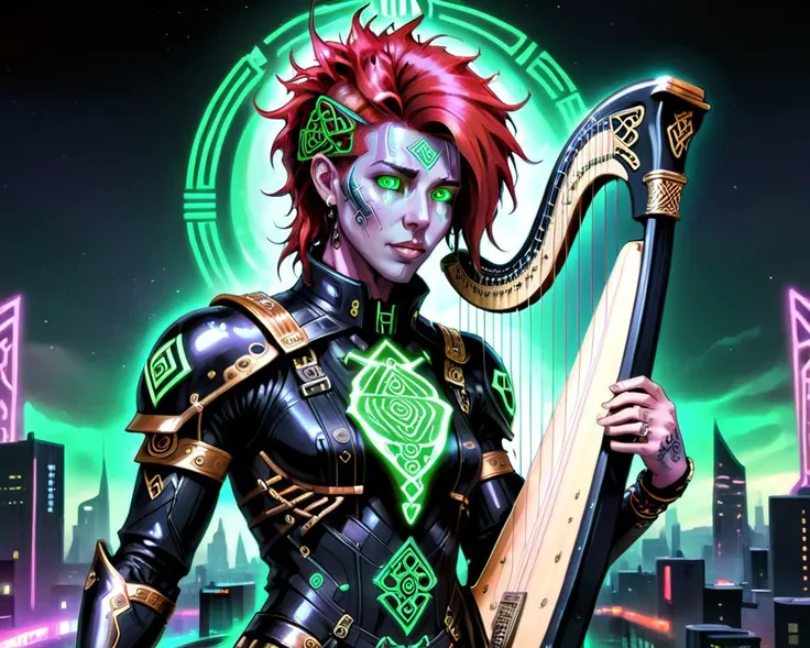 <lora:DonMC3l3st14l3xpl0r3rsXL-000007:0.7> A retro-science illustration of a ((Celtic-harp)) with holographic strings, played by a Shadowrun-inspired character, wearing a green and black outfit with cybernetic enhancements, in a futuristic cityscape with neon lights and Celtic symbols. The character has red hair and a tattoo of a Celtic knot on his face. The illustration has a dark and gritty vibe. <lora:DonM5yn1hXL-000014:1.0> donm5yn1hxl