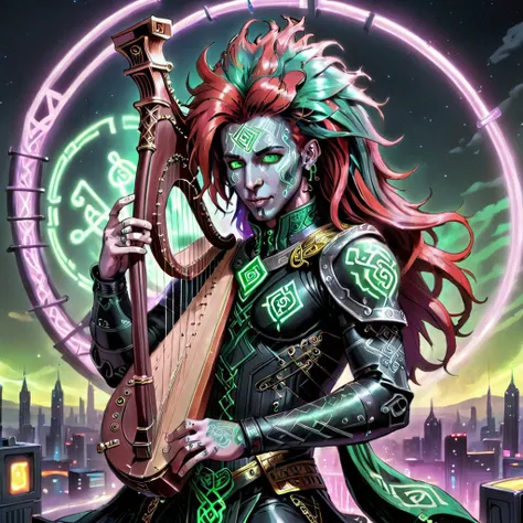 donm5yn1hxl, A retro-science illustration of a shadowrun-inspired-bard playing a ((Celtic-harp with holographic strings)), wearing a green and black outfit with cybernetic enhancements, in a futuristic cityscape with neon lights and Celtic symbols. The character has red hair and a tattoo of a Celtic knot on his face. The illustration has a dark and gritty vibe. <lora:DonM5yn1hXL-000014:1.0>