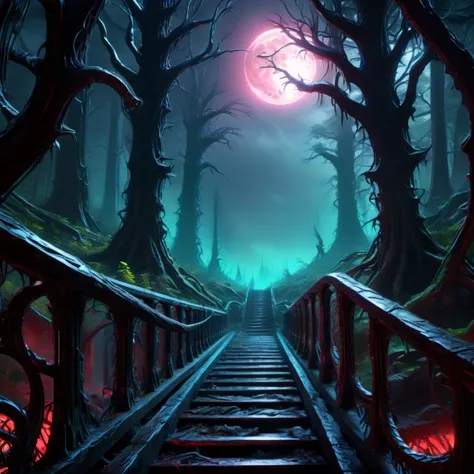 ((best quality)), ((masterpiece)), ((realistic,digital art)), (hyper detailed), DonM5yn1hXL synth Haunted Forest River,Railing,octane rendering, 8K, HDR, <lora:DonM5yn1hXL-000016:1>