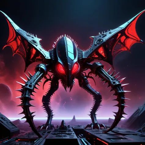 ((best quality)), ((masterpiece)), ((realistic,digital art)), (hyper detailed), DonM5yn1hXL synth Small Prowling Sinuous Futuristic Geometric, Quadrupedal Quadrumanual, Digitigrade Appendages,  Spiked-Tailed, Scales,  Bat Wings,,octane rendering, 8K, HDR, <lora:DonM5yn1hXL-000016:1>