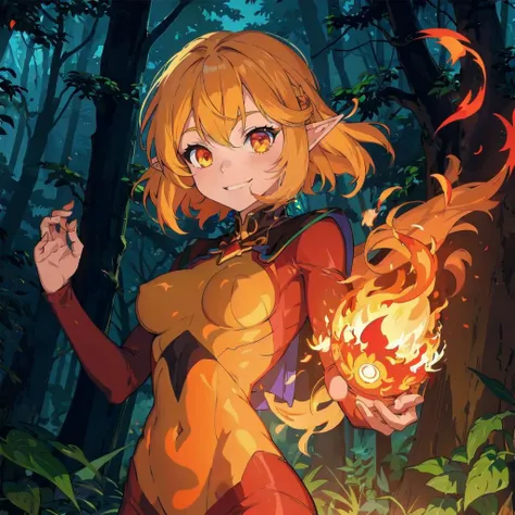 (cel_shading),
elf with body made of fire,flaming eyes,smile,fire sprite,see-though body,night,forest,
BREAK masterpiece,best quality,