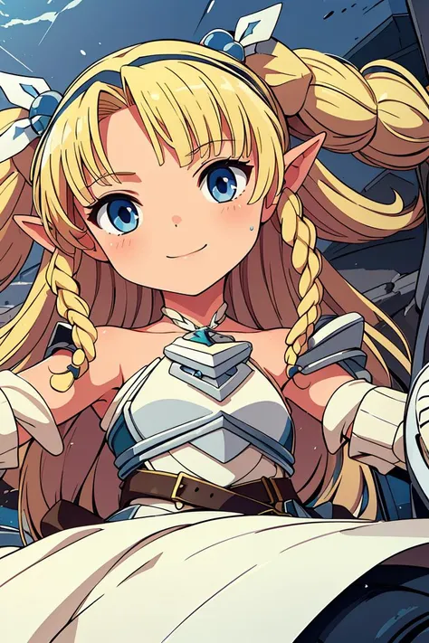 (masterpiece, best quality), 1girl,  <lora:Eilin:1> blonde, pointed ears, long hair, small braids, blue eyes, white dress, white armor