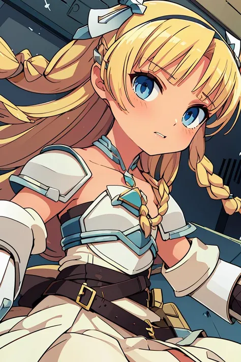 (masterpiece, best quality), 1girl,  <lora:Eilin:1> blonde, pointed ears, long hair, small braids, blue eyes, white dress, white armor