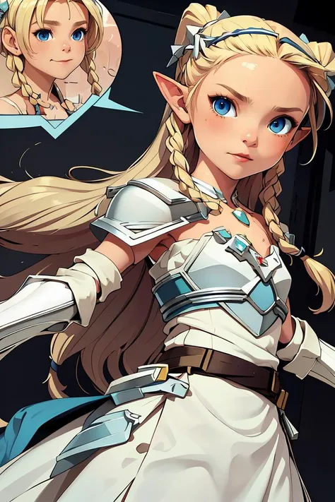 (masterpiece, best quality), 1girl,  <lora:Eilin:1> blonde, pointed ears, long hair, small braids, blue eyes, white dress, white armor