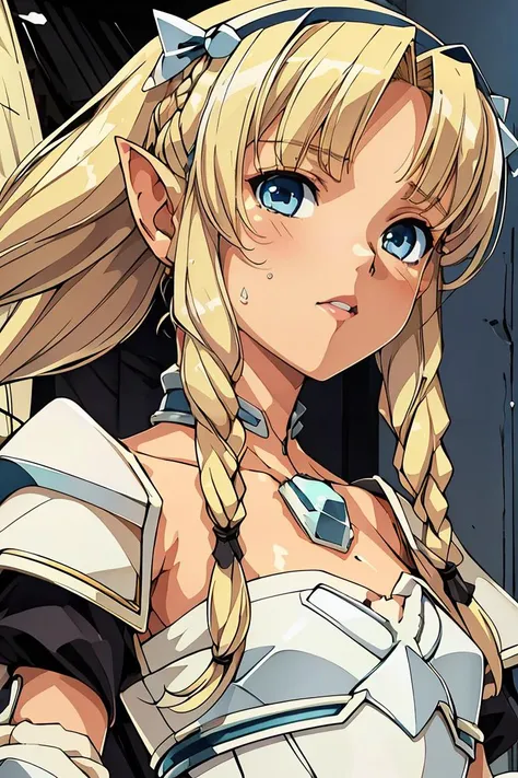 (masterpiece, best quality), 1girl,  <lora:Eilin:1> blonde, pointed ears, long hair, small braids, blue eyes, white dress, white armor