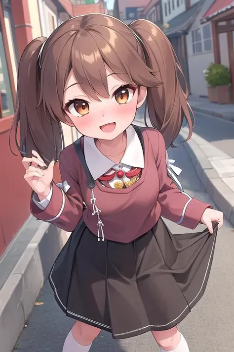 masterpiece, best quality,1girl,ultra detail, ryuujou_kantaicollection <lora:ryuujou_kantaicollection:0.7>blush,from above,town street,blouse,long skirt,shopping,smile