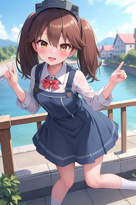 masterpiece, best quality,1girl,ultra detail, ryuujou_kantaicollection <lora:ryuujou_kantaicollection:0.7>blush,from above,town street,blue summer dress,shopping,smile