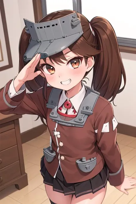 masterpiece, best quality,1girl,ultra detail, ryuujou_kantaicollection <lora:ryuujou_kantaicollection:0.7>salute,1940age officer room,desk,standing,evil smile,from above,teeth