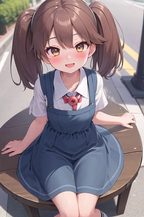 masterpiece, best quality,1girl,ultra detail, ryuujou_kantaicollection <lora:ryuujou_kantaicollection:0.7>blush,from above,town street,blue summer dress,shopping,smile