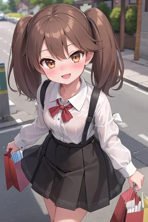 masterpiece, best quality,1girl,ultra detail, ryuujou_kantaicollection <lora:ryuujou_kantaicollection:0.7>blush,from above,town street,blouse,long skirt,shopping,smile