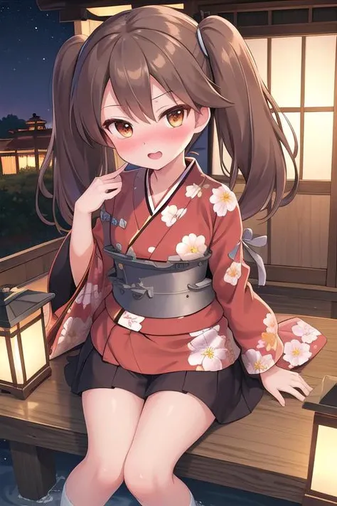 masterpiece, best quality,1girl,ultra detail, ryuujou_kantaicollection <lora:ryuujou_kantaicollection:0.7>blush,from above,floral kimono,wide sleeve,shrine,night,