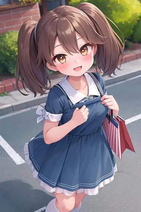 masterpiece, best quality,1girl,ultra detail, ryuujou_kantaicollection <lora:ryuujou_kantaicollection:0.7>blush,from above,town street,blue summer dress,shopping,smile