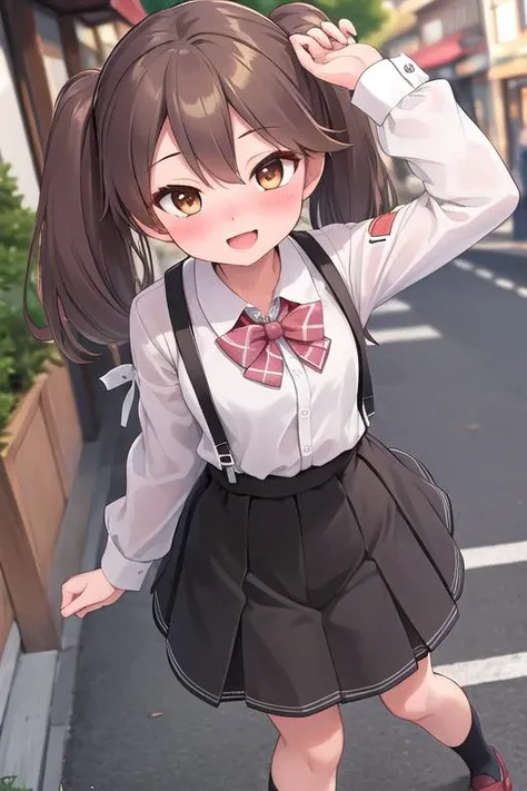 masterpiece, best quality,1girl,ultra detail, ryuujou_kantaicollection <lora:ryuujou_kantaicollection:0.7>blush,from above,town street,blouse,long skirt,shopping,smile