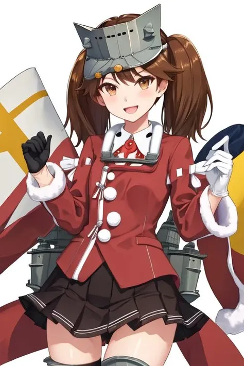 best quality, masterpiece, highres, solo, {ryuujou_kantaicollection:1.15}, brown_hair, twintails, brown_eyes, magatama, visor_cap, kariginu, long_hair, smile, open_mouth, 1girl, bell, hat, looking_at_viewer, sack, santa_costume, santa_hat, animal_hat, cat_hat, gloves, white_gloves, shikigami, skirt