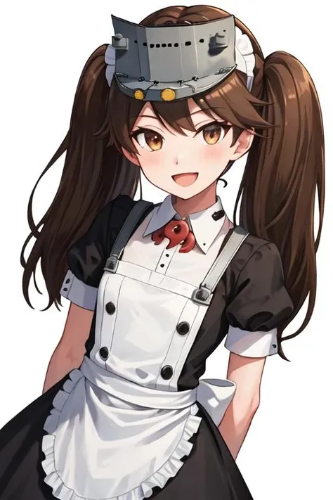 best quality, masterpiece, highres, solo, {maid:1.40}, {long maid dress:1.15}, {ryuujou_kantaicollection:1.15}, brown_hair, twintails, brown_eyes, magatama, visor_cap, kariginu, long_hair, smile, open_mouth