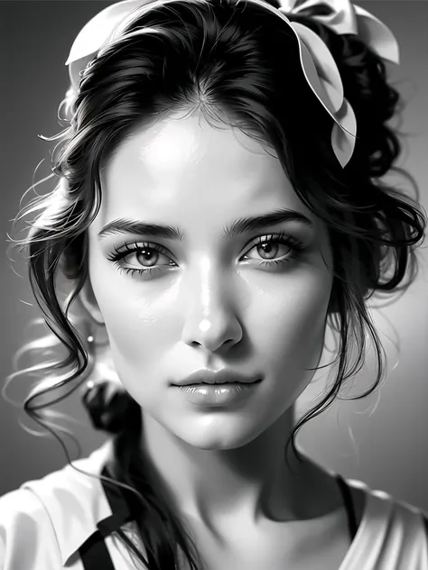 1girl,monochrome,greyscale,solo,looking at viewer,long hair, realistic,lips,portrait,closed mouth,nose,close-up,exquisite makeup,upper body, masterpiece,best quality,8k,insane details,intricate details,high detail,((masterpiece)), ((best quality)),