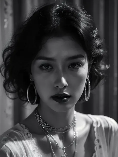 1girl,greyscale,monochrome,solo,jewelry,necklace,realistic,looking at viewer,earrings,curly hair,lips,dark-skinned female,short hair,close-up,exquisite makeup,upper body,masterpiece,best quality,8k,insane details,intricate details,high detail,((masterpiece)), ((best quality)),