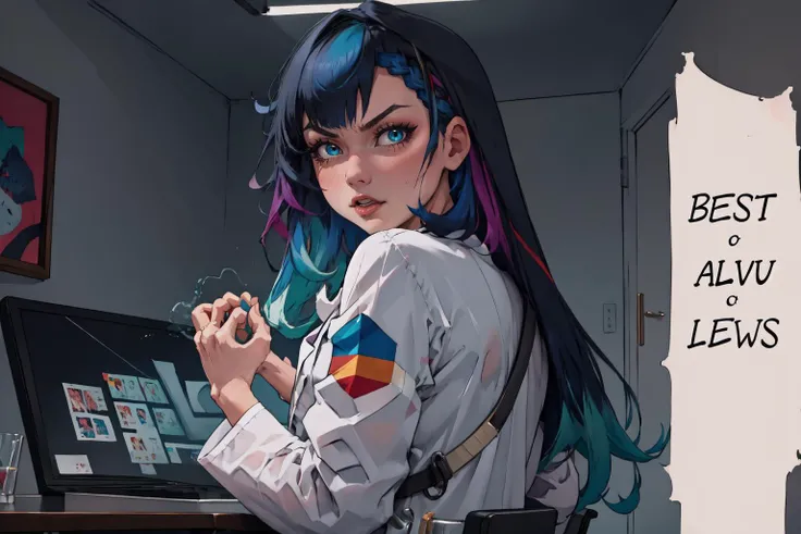 (masterpiece, best quality, absurdres, 4k, aesthetic, detailed, intricate, perfect lighting),itsallfuckinglewdsmeme,monitor,1girl,civitai-chan, braided bangs,(blue hair,black hair,two-tone hair),lab coat,angry,blush <lora:ItsAllFuckingLewdsMeme:1> <lora:gijinkaseries_civitai:0.85>