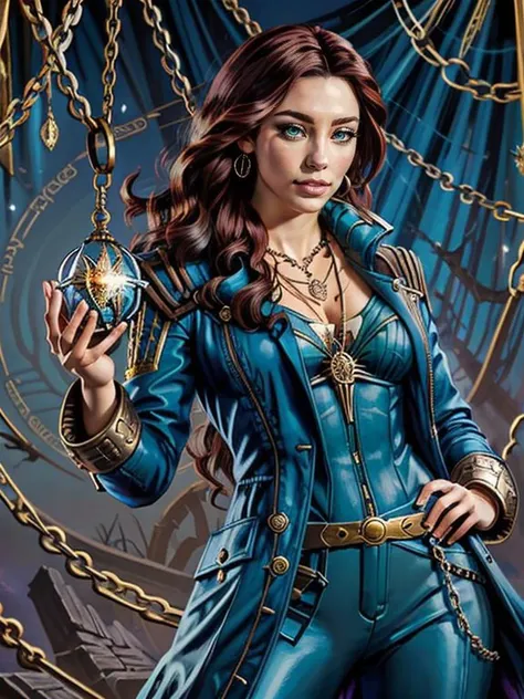 Magic the Gathering style illustration, 
 <lora:JhoiraCurrent:0.7> Jhoiracurrent, jacket,pants,necklace, holding a swinging_pendulum , hypnotizing viewer,