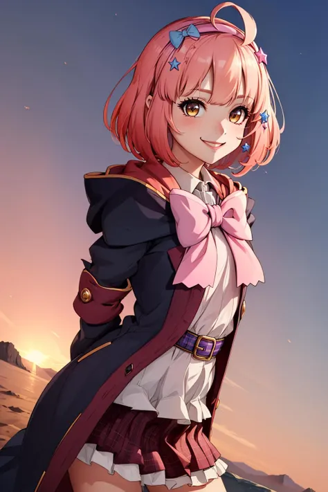(masterpiece, best quality:1.2), <lyco:princessconnect_chieru-10:1.0>, cowboy shot, solo, 1girl, pcchieru, smile, looking at viewer, arms behind back, ahoge, hairband, hair bow, star hair ornament, symbol in eye, star in eye, school uniform, hooded coat, pink bow, plaid skirt, jewelry