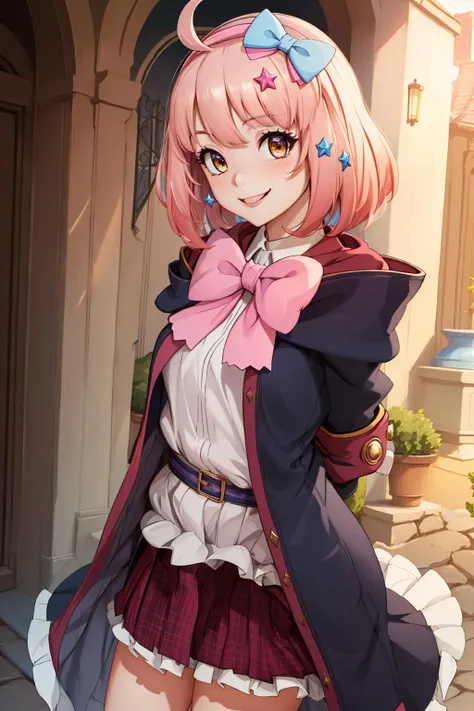 (masterpiece, best quality:1.2), <lyco:princessconnect_chieru-10:1.0>, cowboy shot, solo, 1girl, pcchieru, smile, looking at viewer, arms behind back, ahoge, hairband, hair bow, star hair ornament, symbol in eye, star in eye, school uniform, hooded coat, pink bow, plaid skirt, jewelry