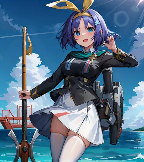 masterpiece, best quality, masterpiece, 4k resolution, nicoloso da recco \(azur lane\), 1girl, solo, detailed background, ocean, mist, black jacket, white skirt, green cape, medal, hair clip, blue eyes, golden hairband, golden ribbon, braided ponytail, cowboy shot, rigging <lora:nicolosoDaRecco_v3.0-000010:0.7>