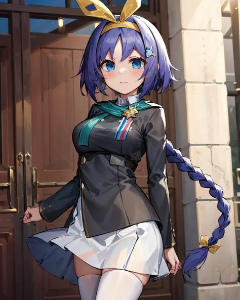 masterpiece, best quality, masterpiece, 4k resolution, nicoloso da recco \(azur lane\), 1girl, solo, black jacket, white skirt, green cape, medal, hair clip, blue eyes, golden hairband, golden ribbon, braided ponytail, cowboy shot, looking at viewer <lora:nicolosoDaRecco_v3.0-000010:0.6>
